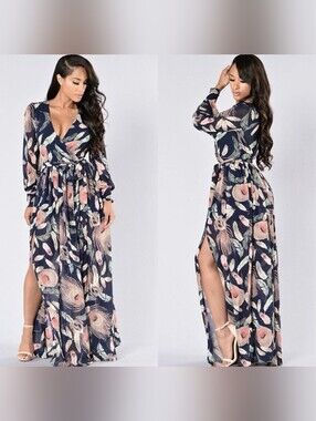 NWT Fashion Nova Brunch Date Peacock Print Wrap Maxi Dress XL